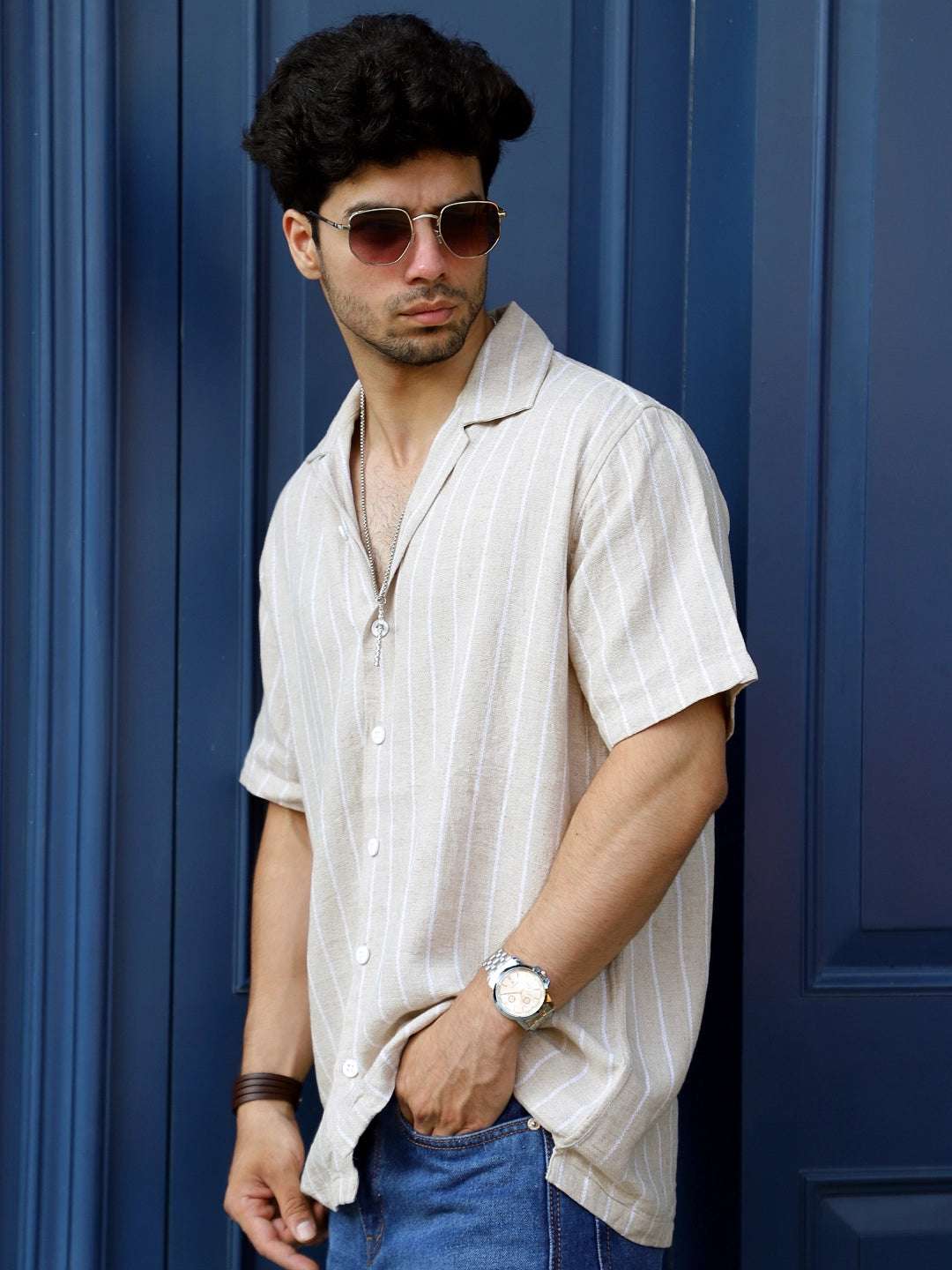 Linen Beige Half Sleeve Stripe Shirt