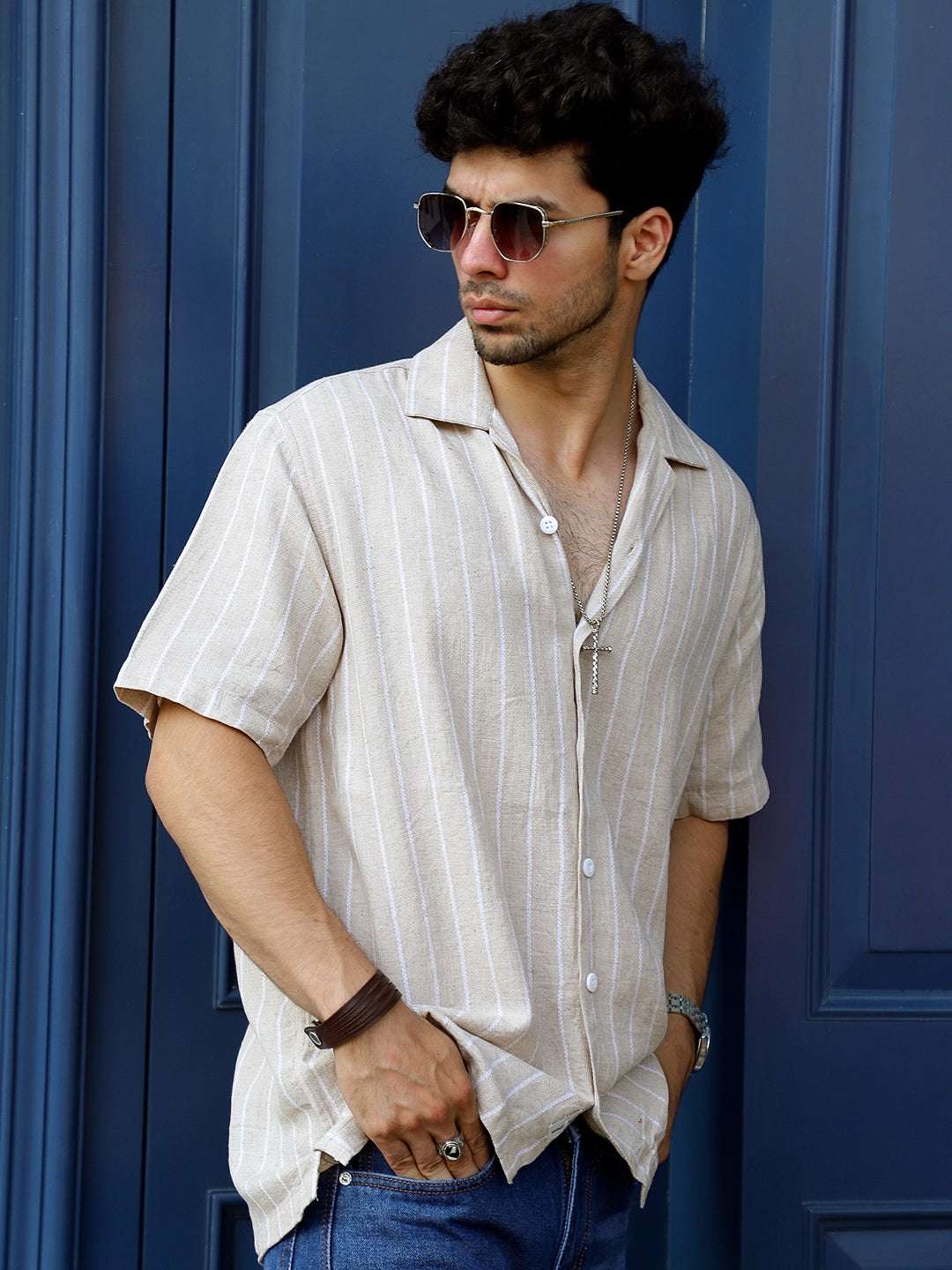 Linen Beige Half Sleeve Stripe Shirt