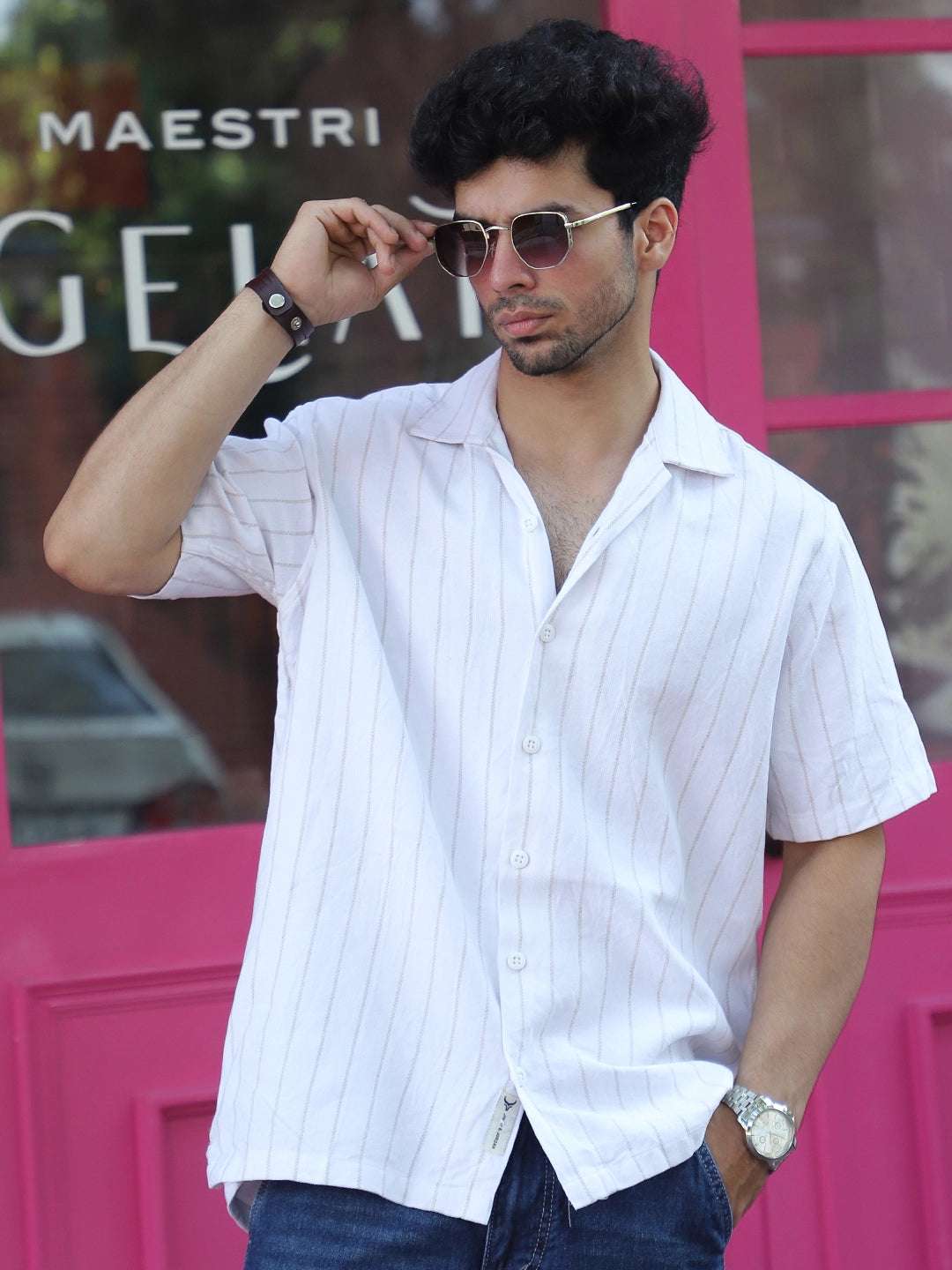 Linen White Half Sleeve Stripe Shirt