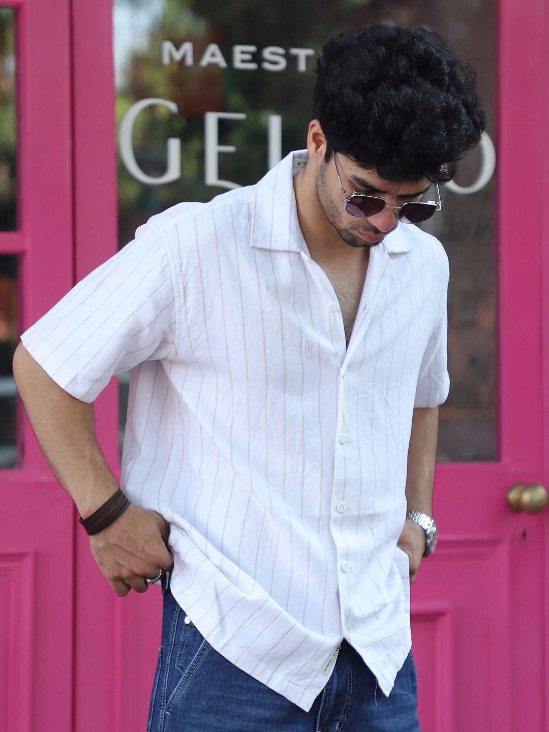 Linen White Half Sleeve Stripe Shirt
