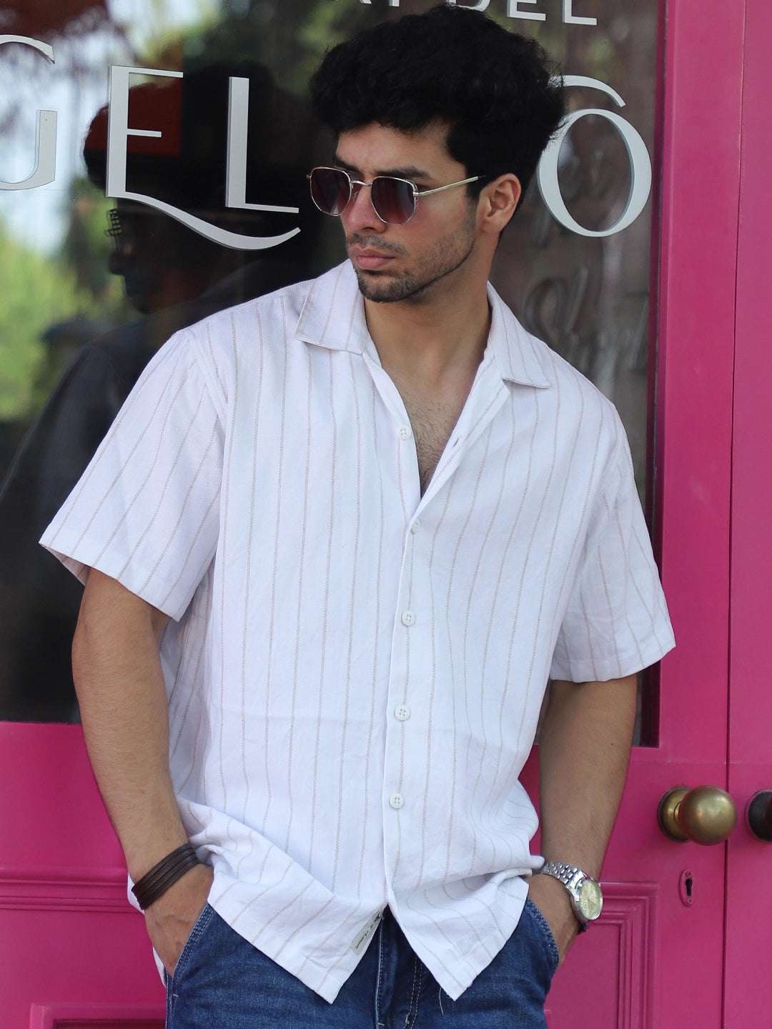 Linen White Half Sleeve Stripe Shirt