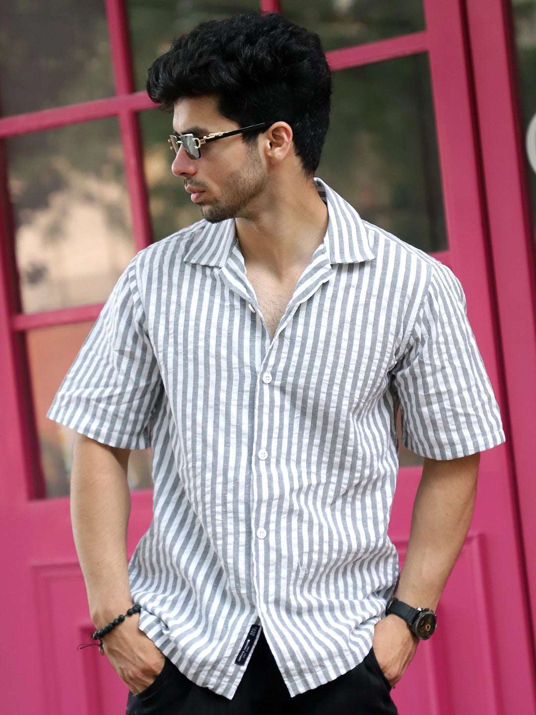Vornix Black Half Sleeve Stripe Shirt