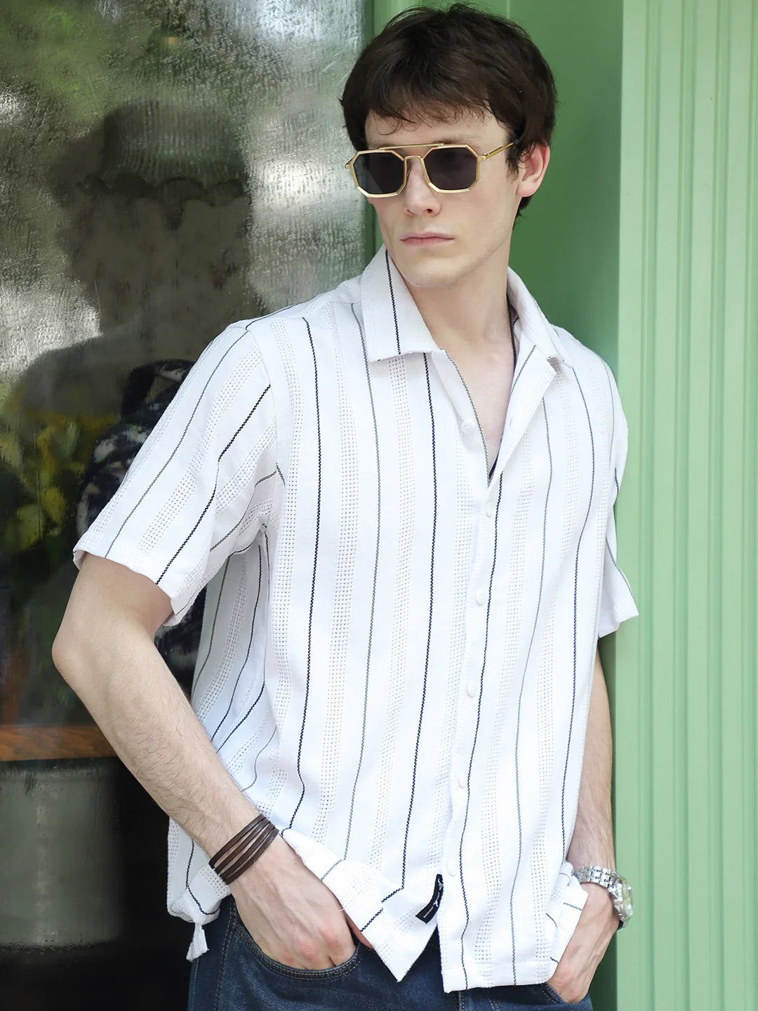 Offbeat White Half Sleeve Stripe Shirt