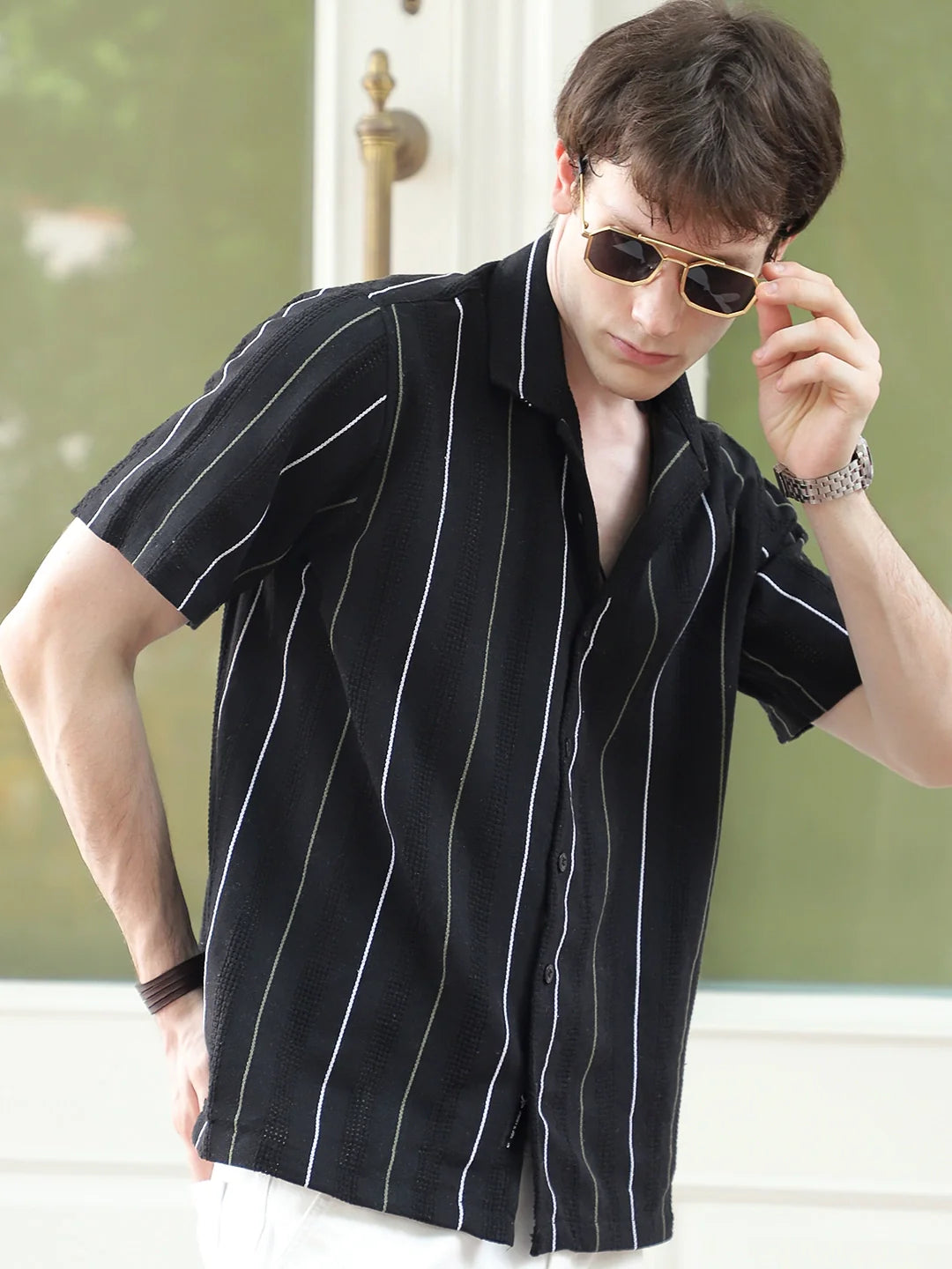 Offbeat Black Half Sleeve Stripe Shirt
