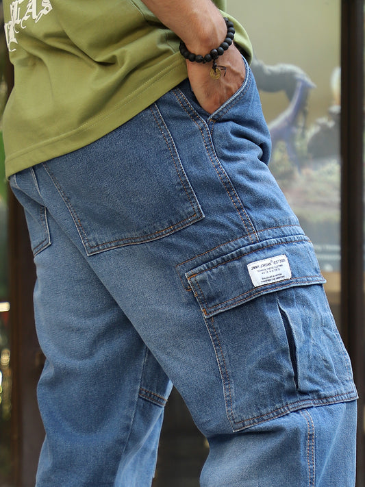 Noir Azure Blue Baggy Fit Denim Cargo