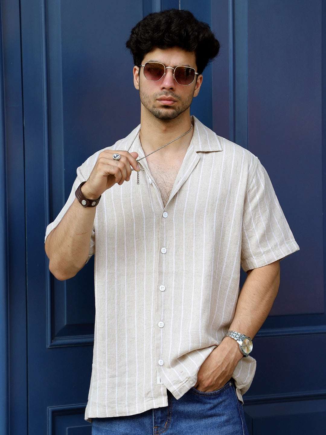 Linen Beige Half Sleeve Stripe Shirt