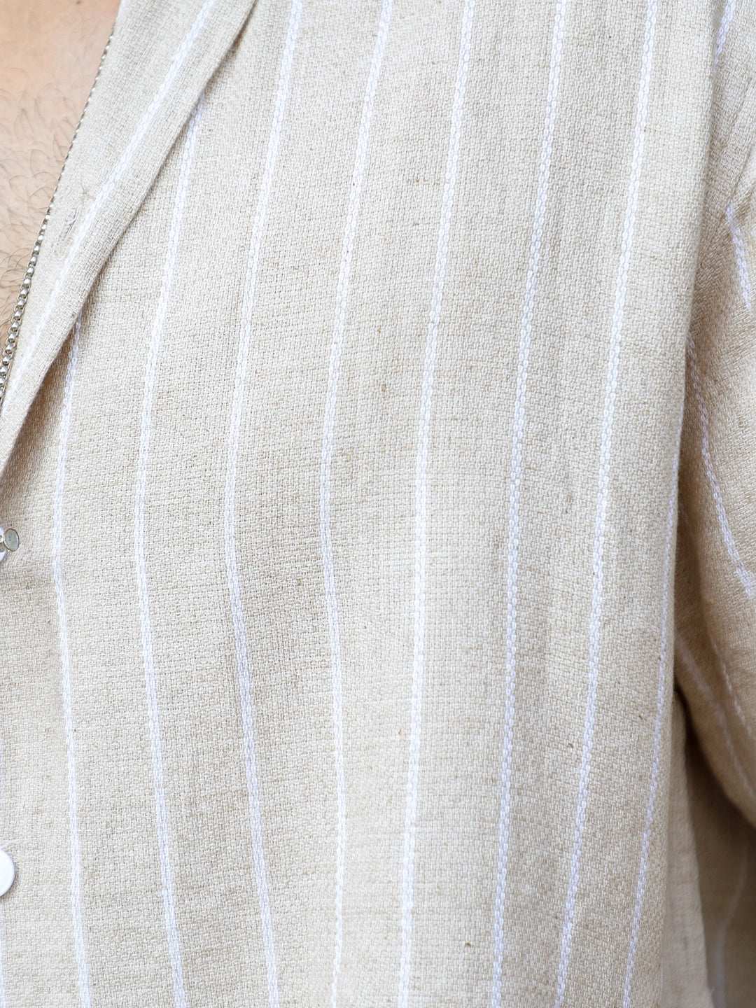 Linen Beige Half Sleeve Stripe Shirt