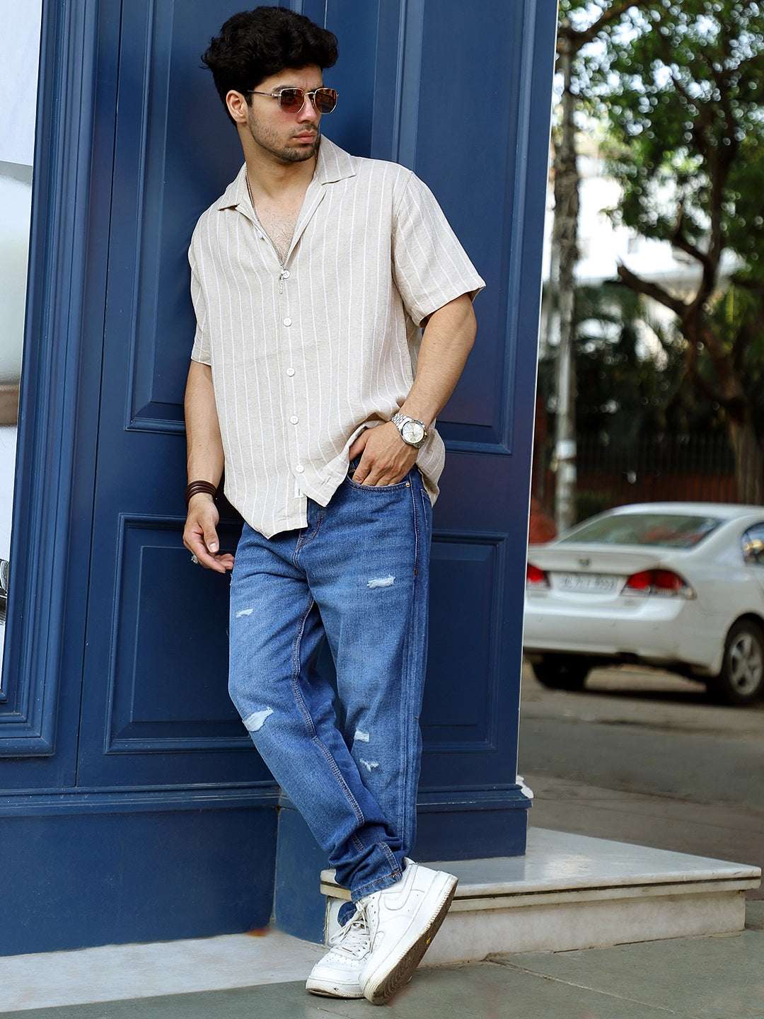 Linen Beige Half Sleeve Stripe Shirt