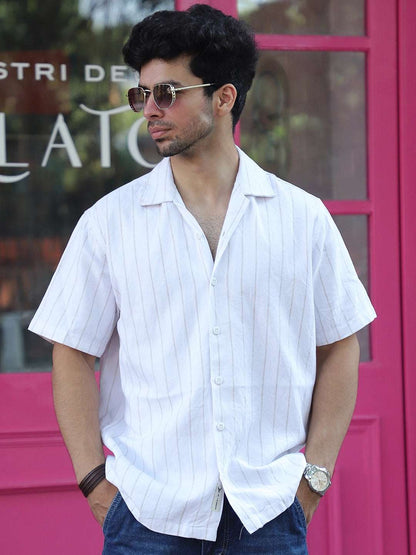 Linen White Half Sleeve Stripe Shirt
