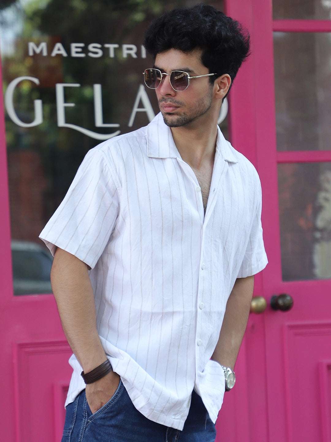 Linen White Half Sleeve Stripe Shirt