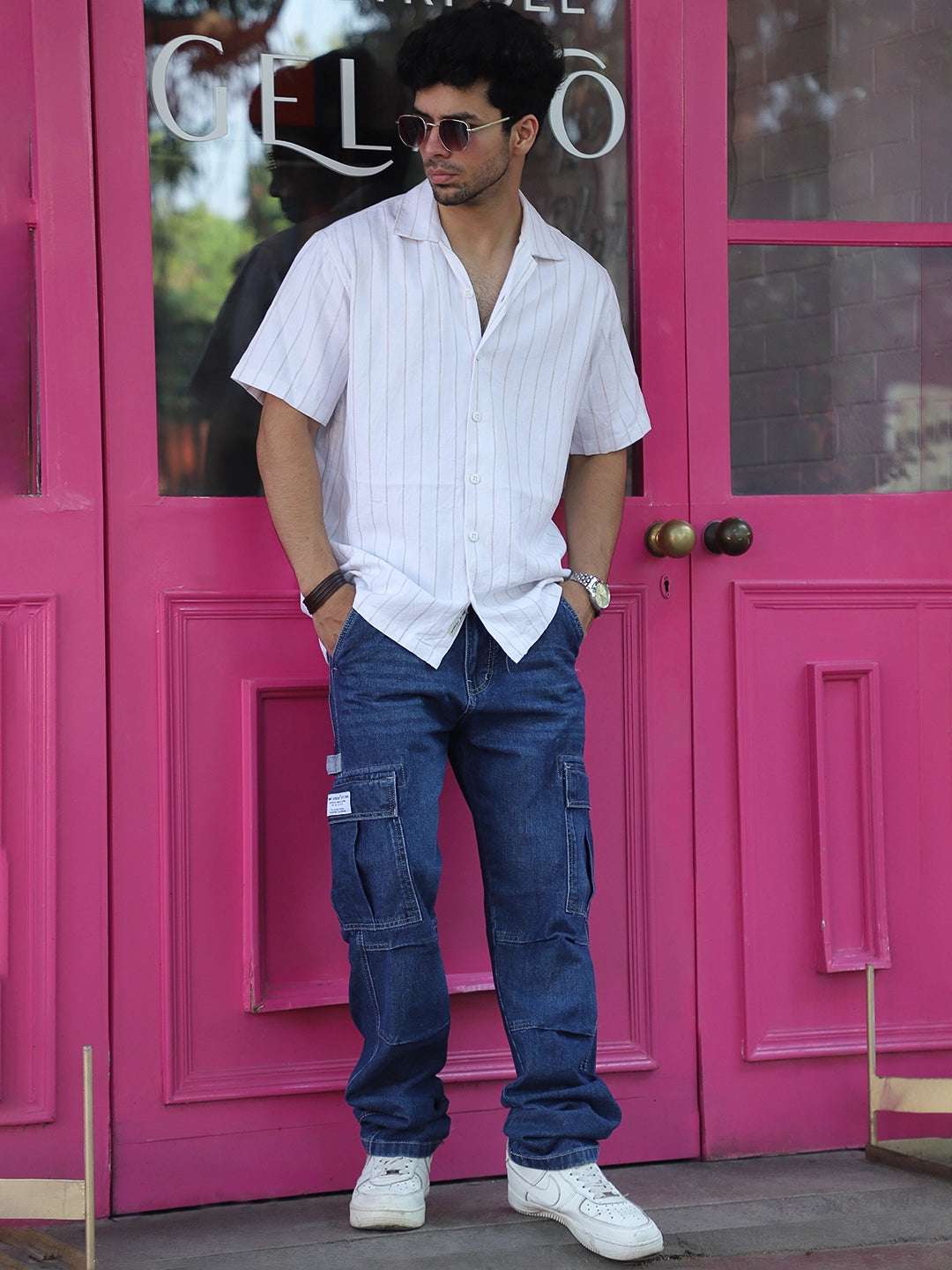 Linen White Half Sleeve Stripe Shirt