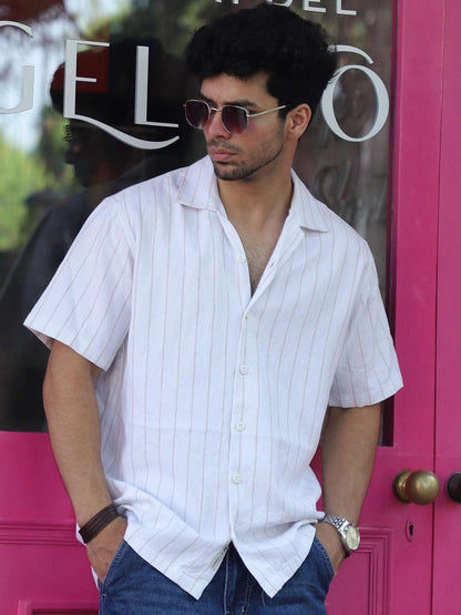 Linen White Half Sleeve Stripe Shirt
