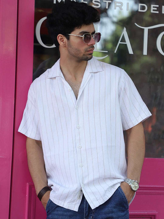 Linen White Half Sleeve Stripe Shirt