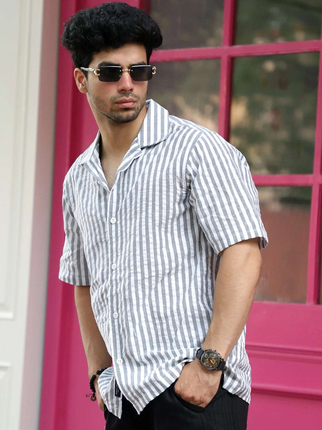 Vornix Black Half Sleeve Stripe Shirt
