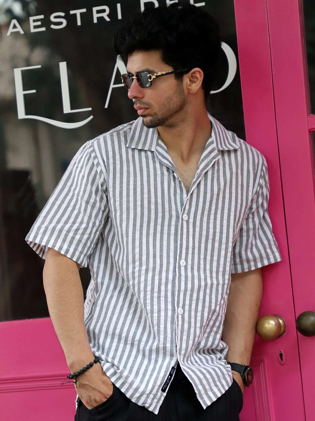 Vornix Black Half Sleeve Stripe Shirt