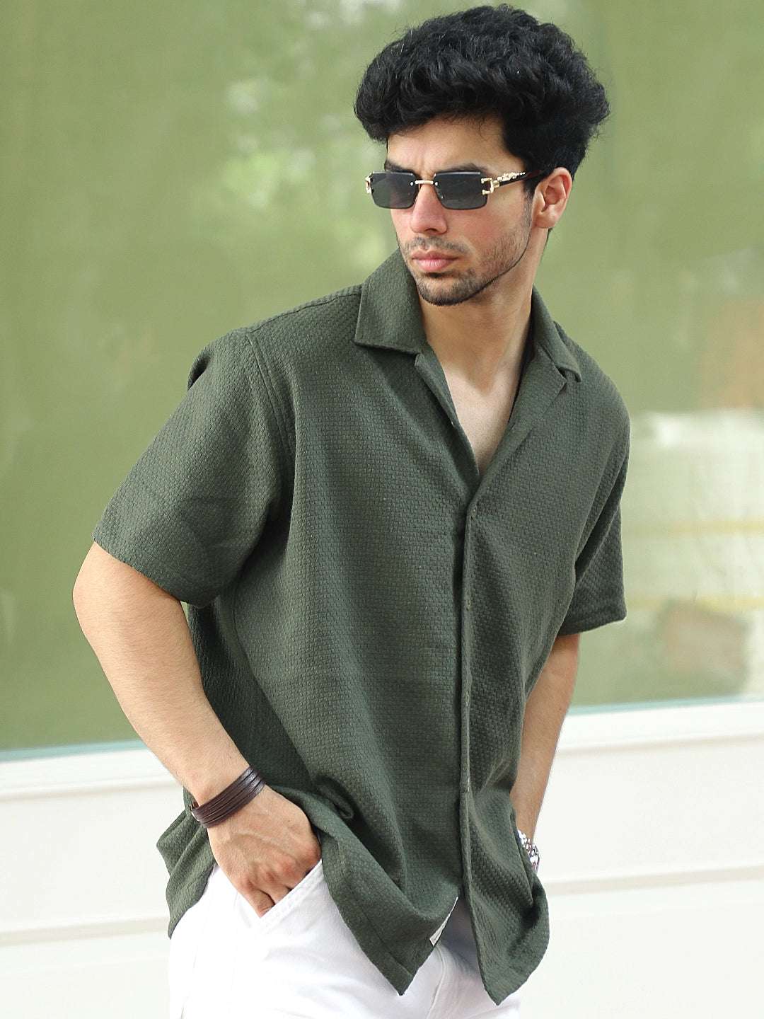 Tactile Textured Olive Green Half Sleeve Shirt