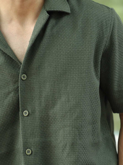 Tactile Textured Olive Green Half Sleeve Shirt