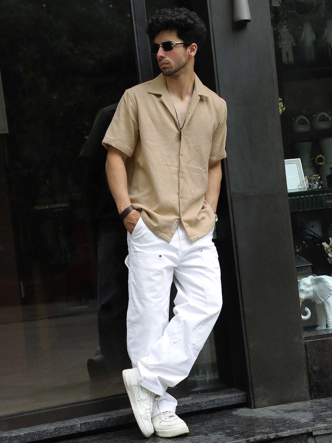 Tactile Textured Beige Half Sleeve Shirt