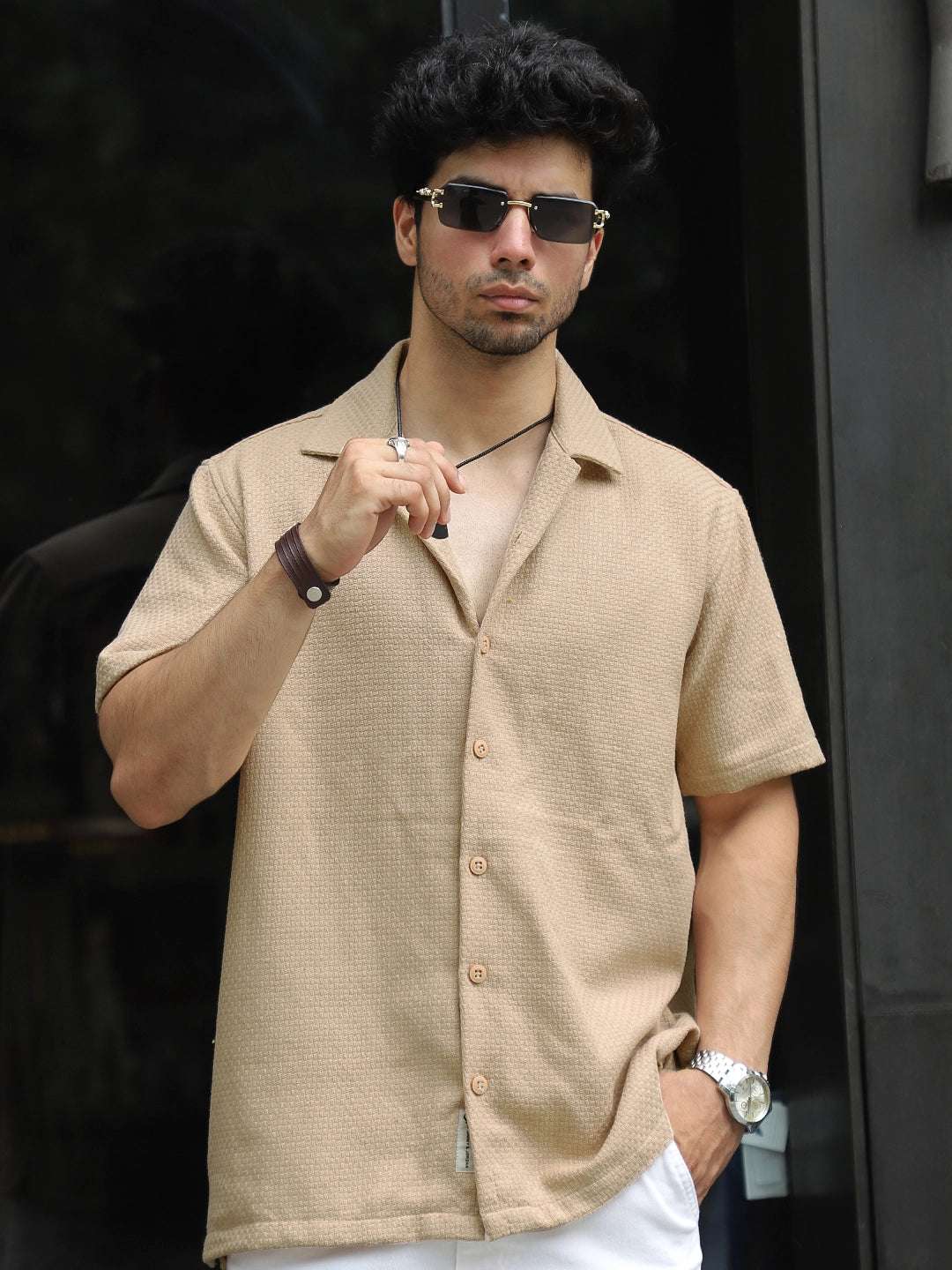 Tactile Textured Beige Half Sleeve Shirt