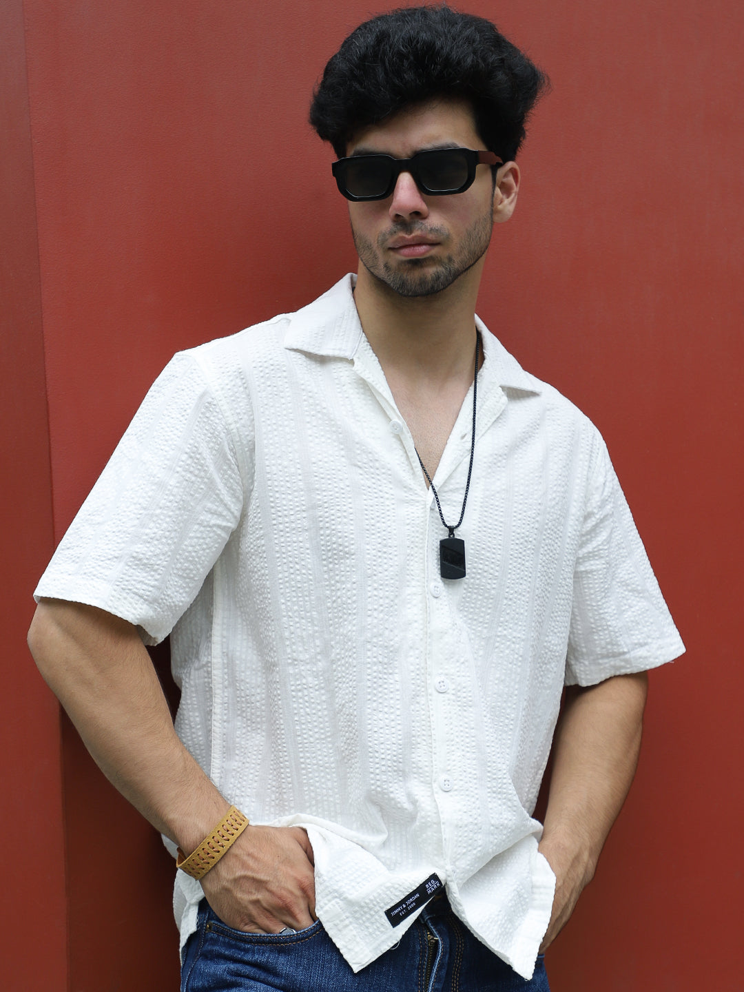 Solven Textured White Half Sleeve Shirt