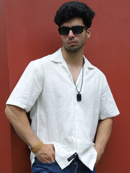 Solven Textured White Half Sleeve Shirt