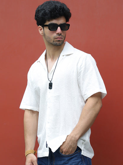 Solven Textured White Half Sleeve Shirt