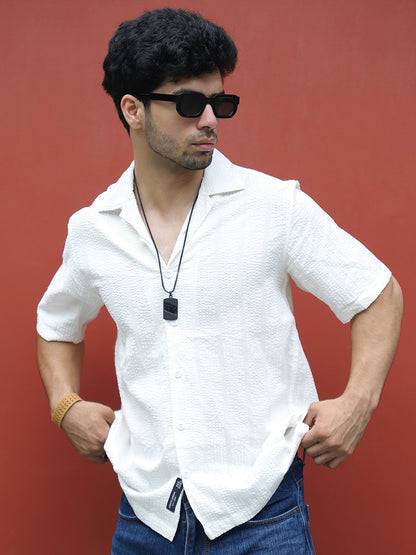 Solven Textured White Half Sleeve Shirt