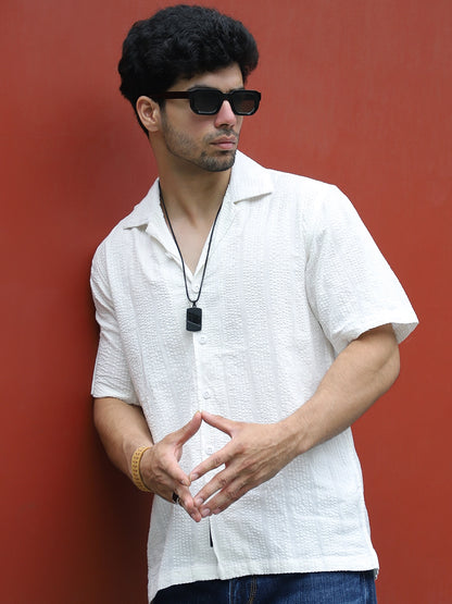 Solven Textured White Half Sleeve Shirt
