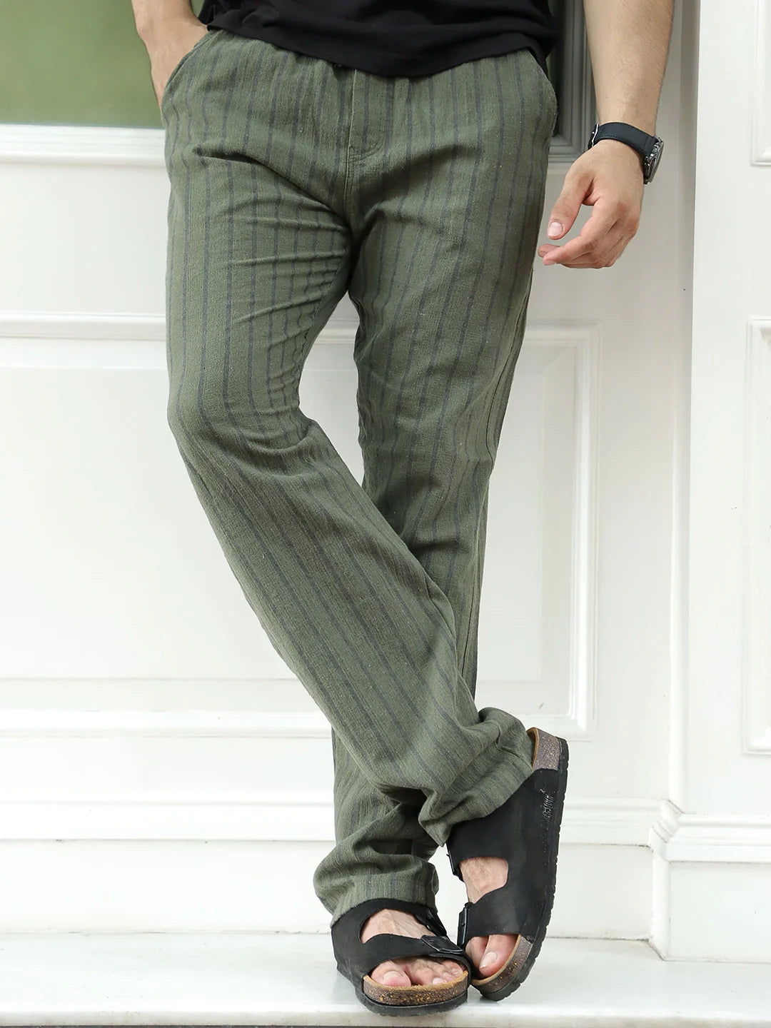 Mavero Olive Green Stripe Trouser