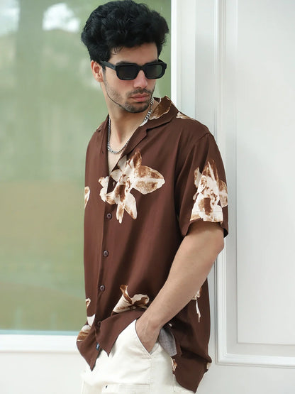Layali Dark Brown Half Sleeve Printed Shirt