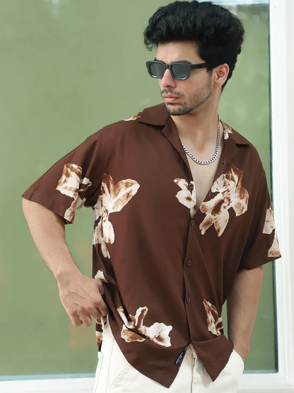 Layali Dark Brown Half Sleeve Printed Shirt