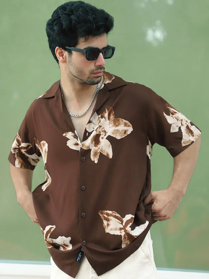Layali Dark Brown Half Sleeve Printed Shirt