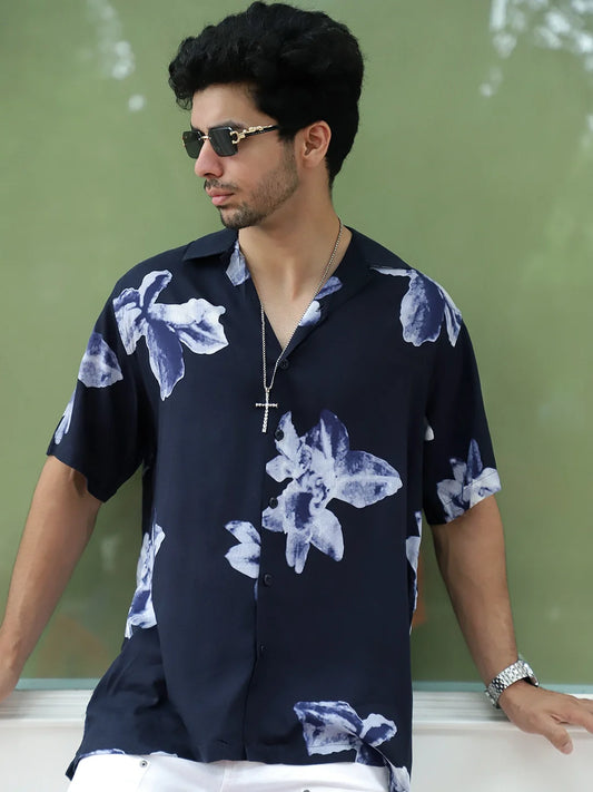 Layali Dark Blue Half Sleeve Printed Shirt