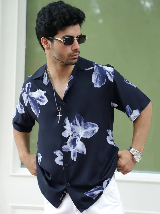Layali Dark Blue Half Sleeve Printed Shirt