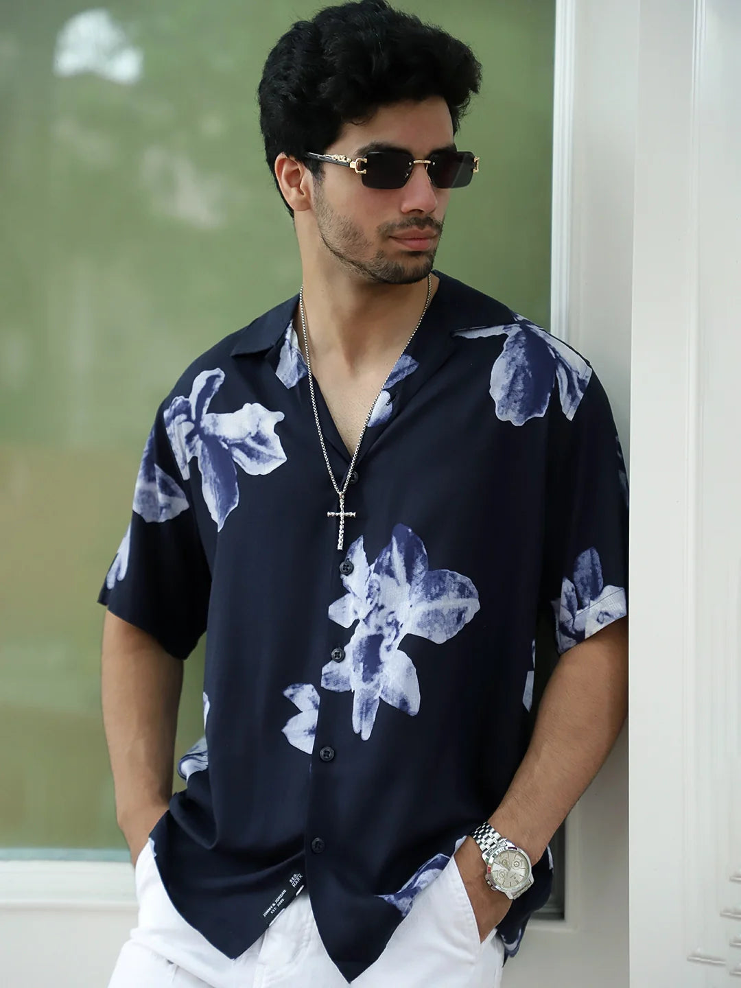 Layali Dark Blue Half Sleeve Printed Shirt