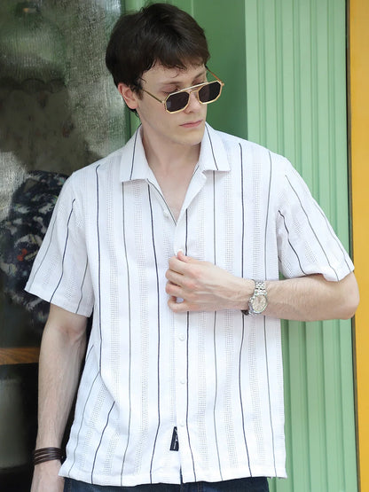 Offbeat White Half Sleeve Stripe Shirt