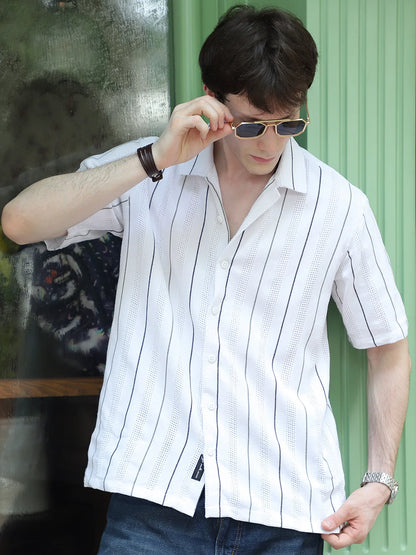 Offbeat White Half Sleeve Stripe Shirt