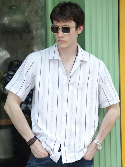 Offbeat White Half Sleeve Stripe Shirt