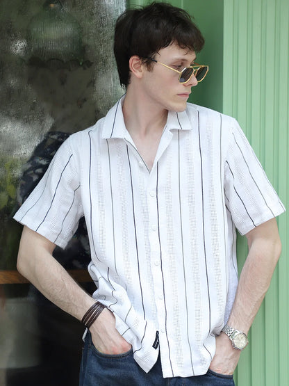 Offbeat White Half Sleeve Stripe Shirt