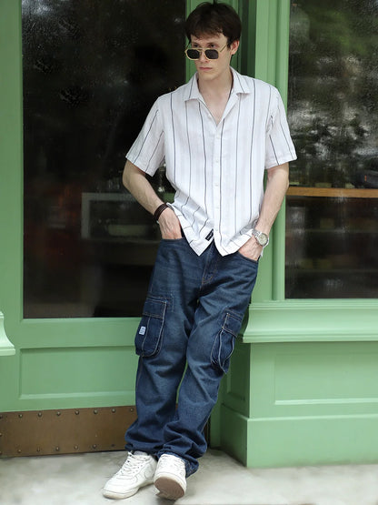 Offbeat White Half Sleeve Stripe Shirt