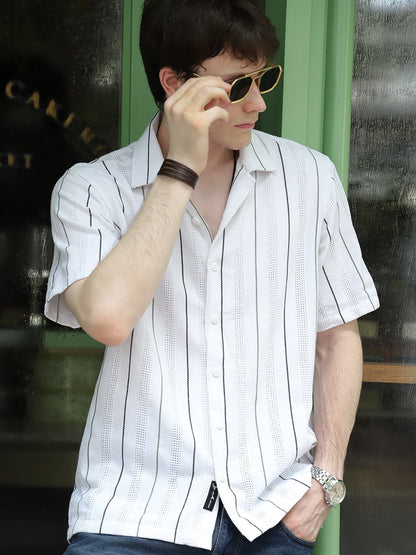 Offbeat White Half Sleeve Stripe Shirt