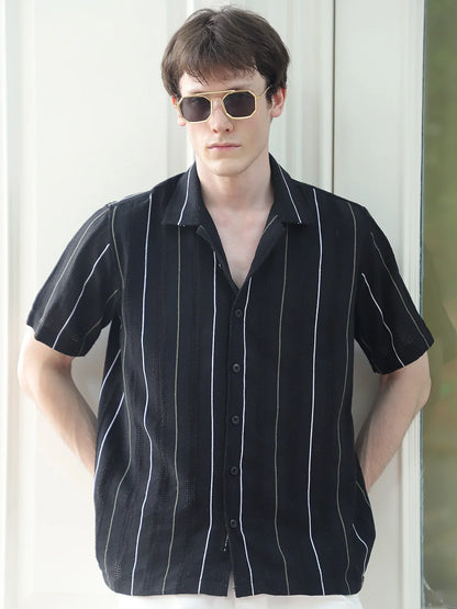 Offbeat Black Half Sleeve Stripe Shirt