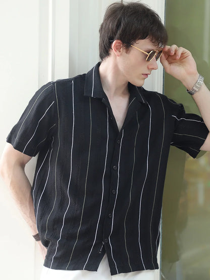 Offbeat Black Half Sleeve Stripe Shirt