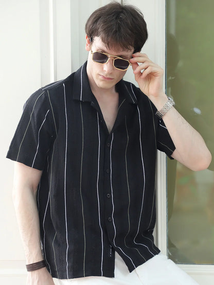 Offbeat Black Half Sleeve Stripe Shirt