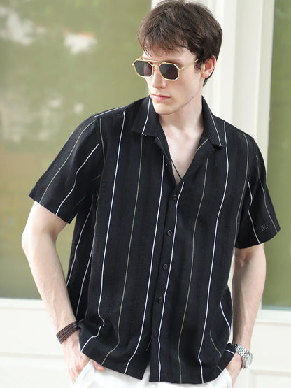 Offbeat Black Half Sleeve Stripe Shirt