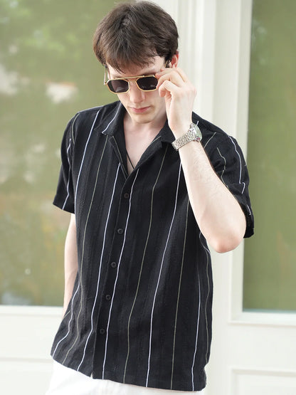 Offbeat Black Half Sleeve Stripe Shirt
