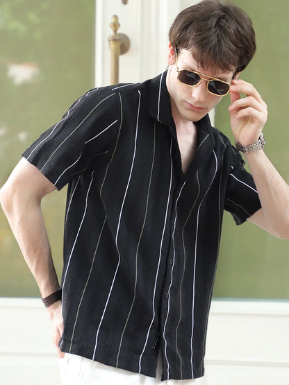 Offbeat Black Half Sleeve Stripe Shirt