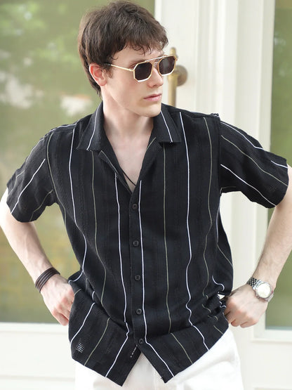 Offbeat Black Half Sleeve Stripe Shirt