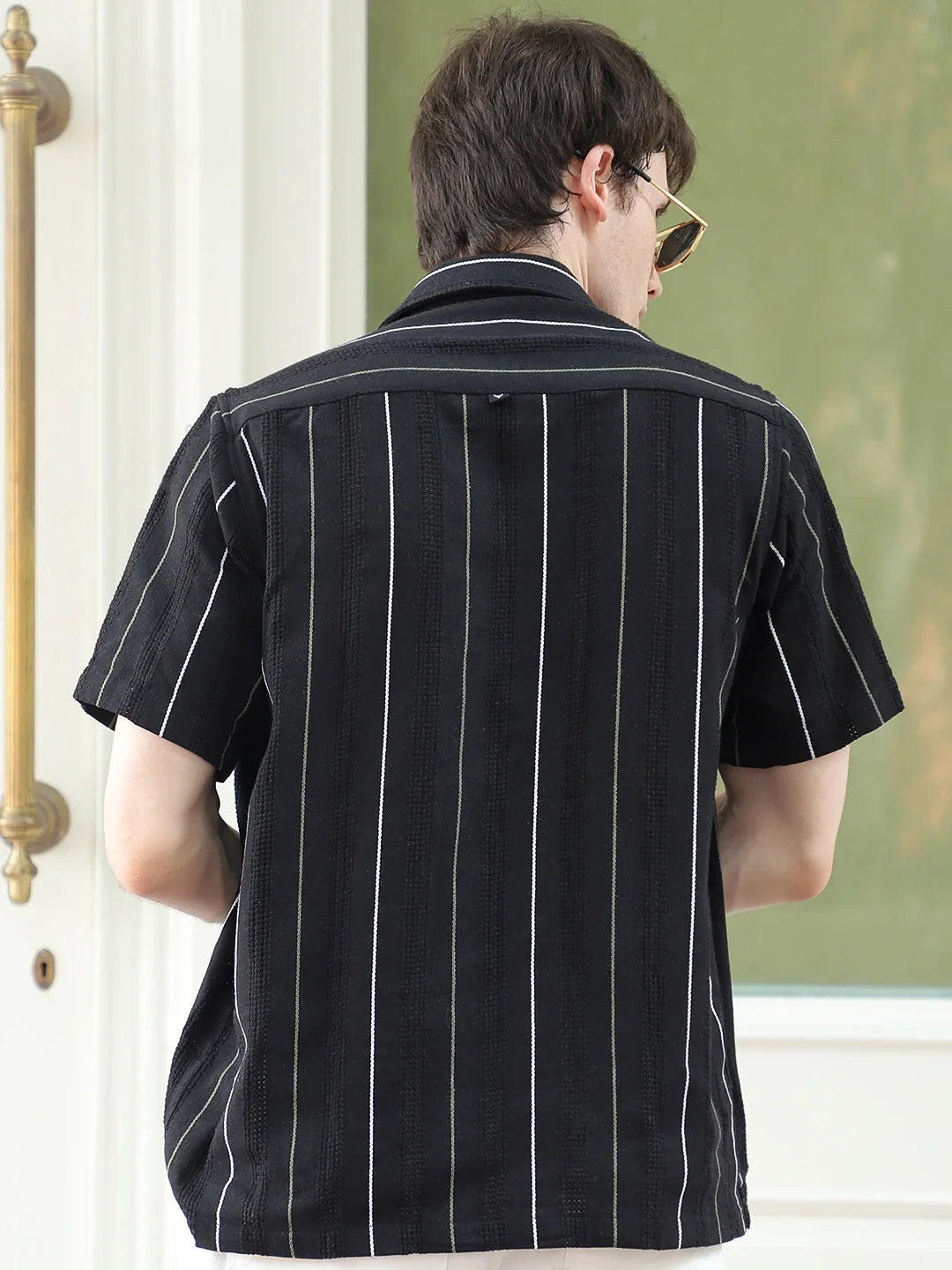 Offbeat Black Half Sleeve Stripe Shirt