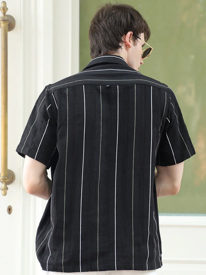 Offbeat Black Half Sleeve Stripe Shirt